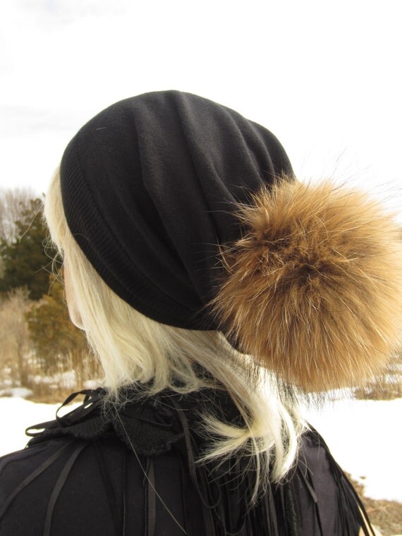 fur knit pom pom hat Pom Pom Black Slouchy Wool Fur Beanie Hat Cashmere Knit