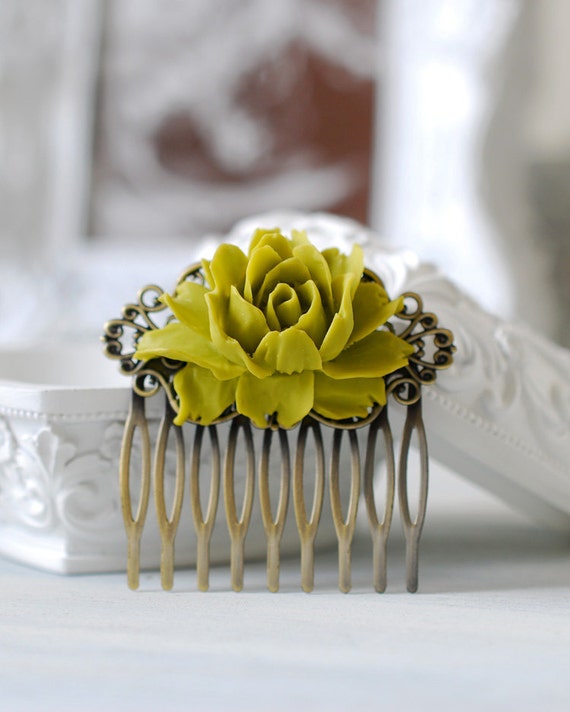 Olive Green Flower Hair Comb Antique Brass Filigree Floral