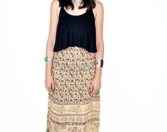 Vtg 90s Indian Mirror Elephant Paisley Floral Maxi Skirt