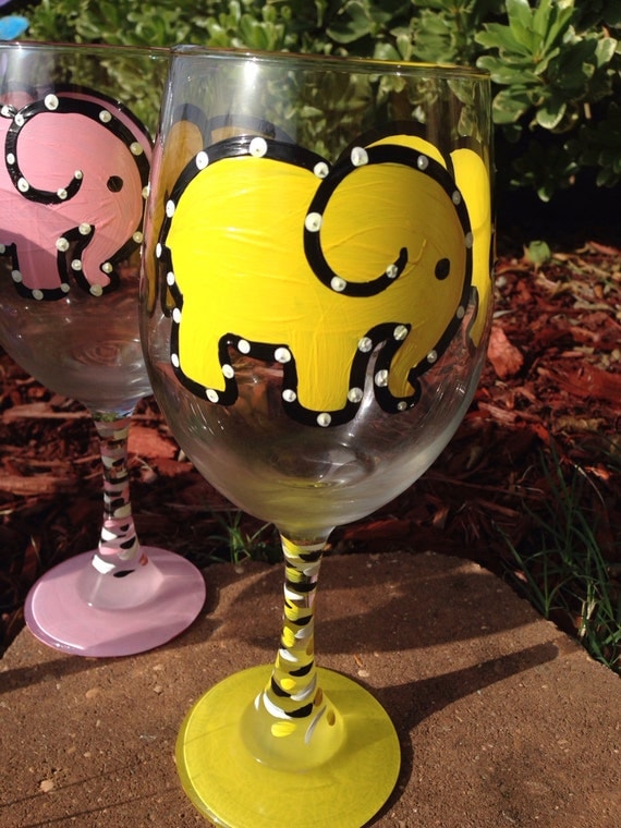 Yellow Elephant Painted Wine glass