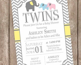 Elephant Twins Baby Shower Invitation, twin girl, twin boy, boy and girl twins, pink, blue, yellow, typography, printable invitation pbe1