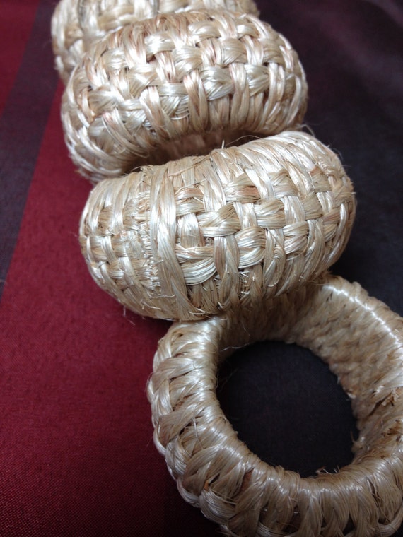 Vintage Straw Napkin Rings Natural Woven Holders Set/4 4044