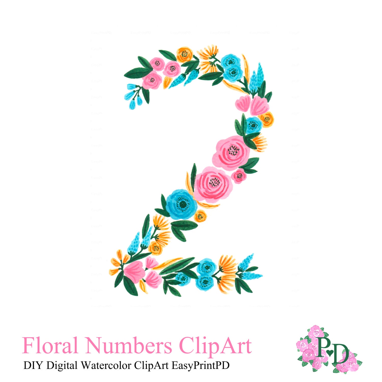 floral numbers print watercolor clipart number 2 printable