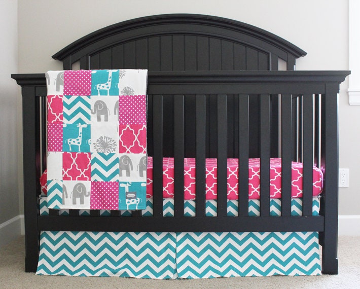 Custom Crib bedding Hot Pink Turquoise and Grey Elephant