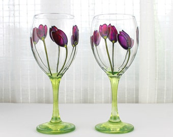 Wine Glasses Purple Tulips Design Wedding Glasses Painted