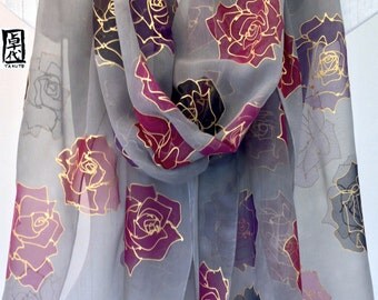Hand Painted Silk Shawl Scarf, Black Roses Grey Large Silk Scarf, Silk Chiffon Scarf, 22x90 inches. Made to order.