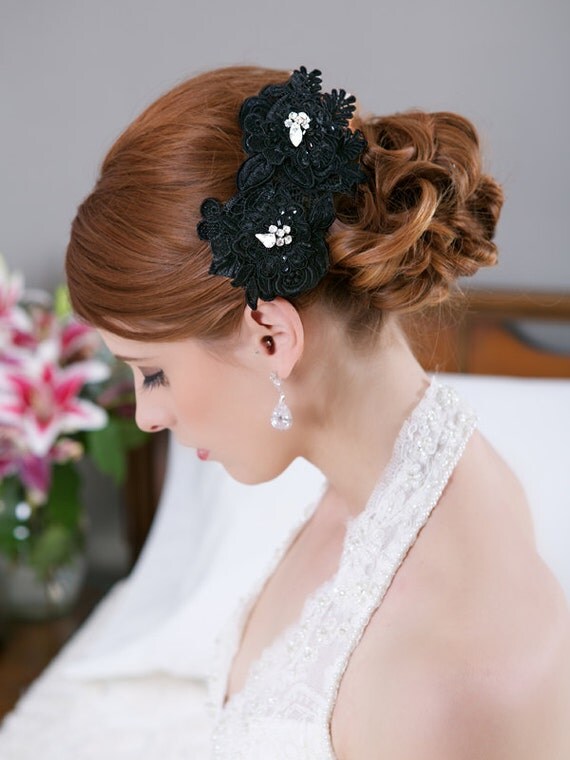 Items similar to Black Hair Flowers, Lace Headpiece, Bridal Hair Flowers, Bridal Hairpiece