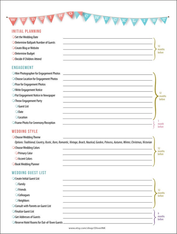 wedding checklist printable wedding planning by oliverink on etsy
