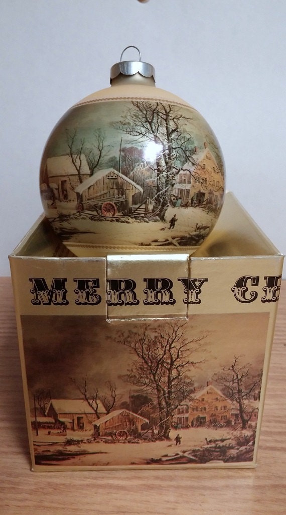 Vintage Chrismtas Currier And Ives Glass Ornament 1973 