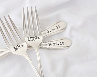 Mr. and Mrs. Fork Set for the Bride and Groom. Hand Stamped with wedding date. Customized for your wedding day. Perfect engagement gift.