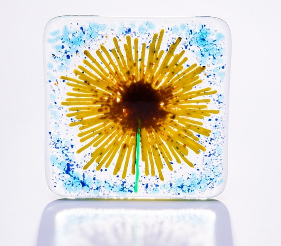 Fused glass sunflower art coaster dining yellow sun flower gift This coaster is created from hand-cut art glass, topped with coloured glass to create the sunflower petals and sky