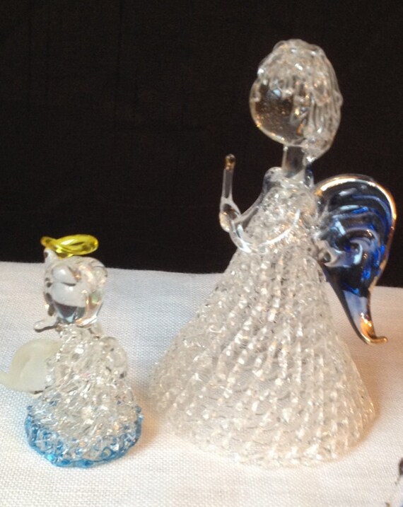 Two Small Spun Glass Angel Figurines Praying and Holding a