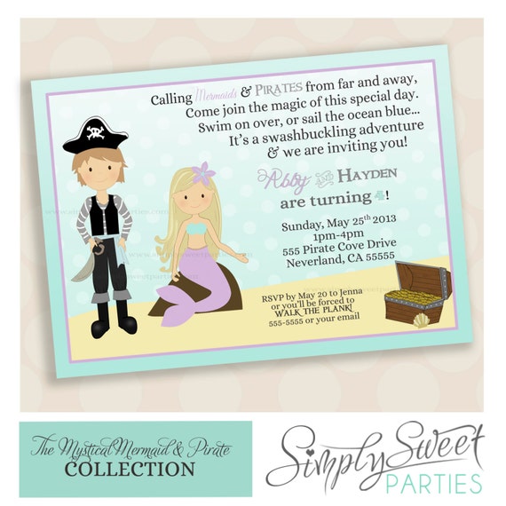 Mermaid and Pirate Birthday Party printable file for 5x7 invitation Il_570xn