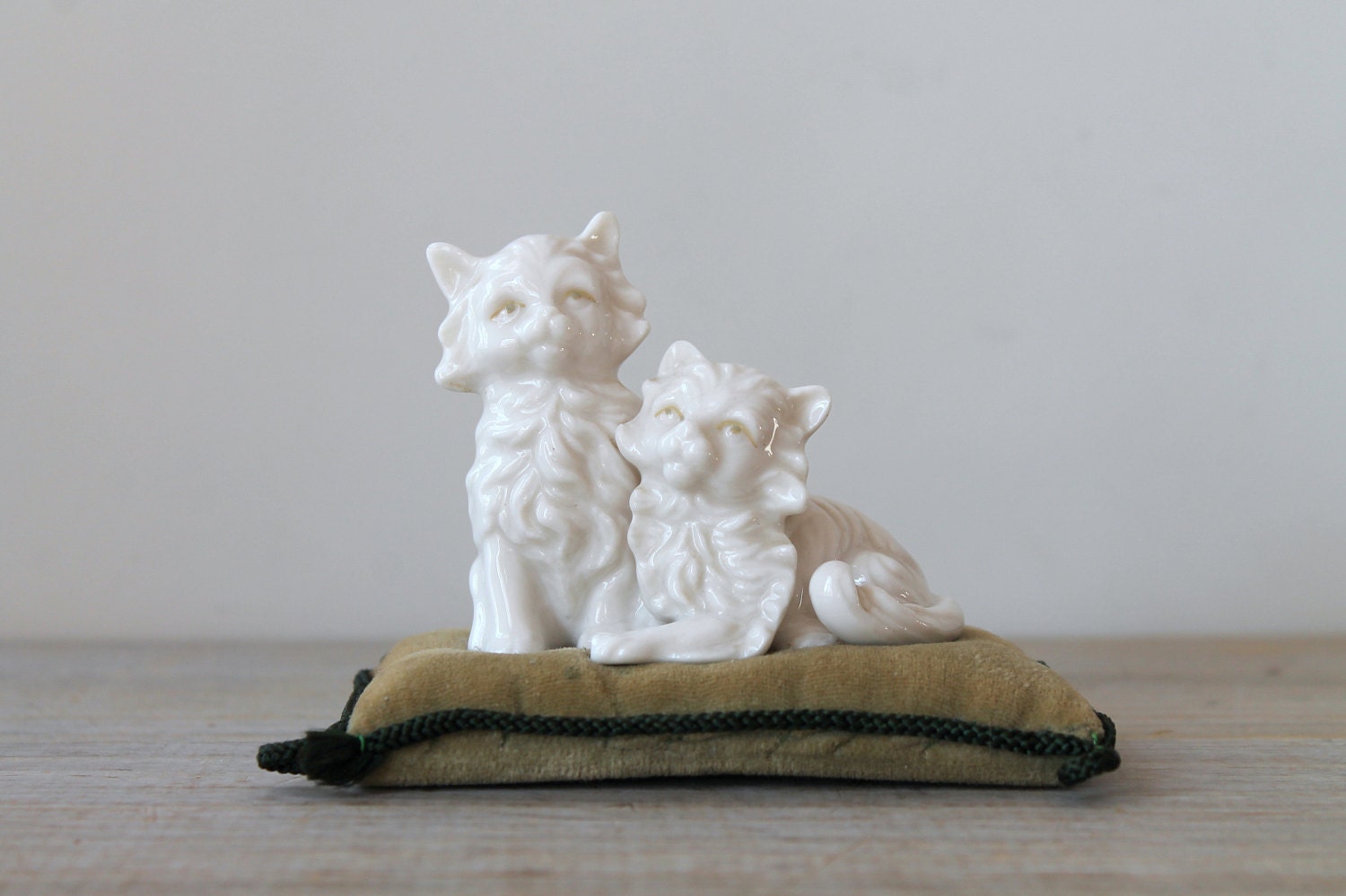 Vintage cat pin cushion / white cat figurine / sage green
