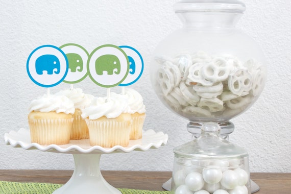 Baby Boy Elephant Shower Decoration - Elephant Cupcake Toppers - Green Blue Il_570xn
