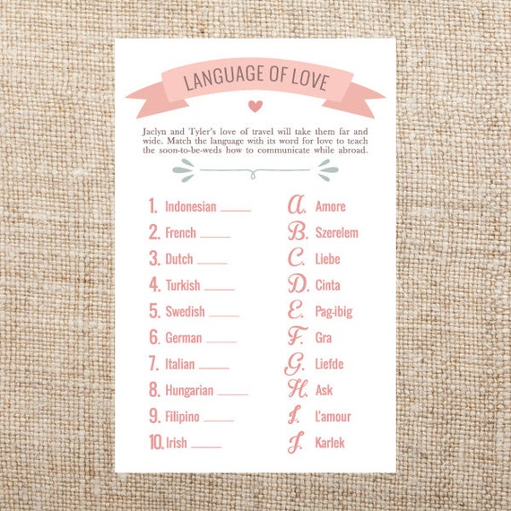 Items similar to Language of Love Bridal Shower Game Printable File on Etsy