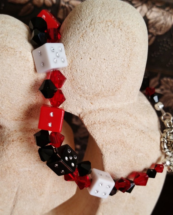 Black, Red, and White Swarovski Dice Bracelet, Gambling, Casino, Harley Quinn Cosplay Jewelry