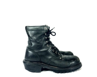 REDUCED~ Black Leather Combat Boots - Steel Toe Combat Boots - Lace Up Boots - Mens 9 - Womens 11