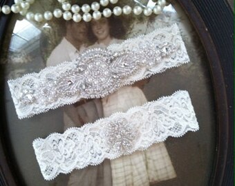 SALE-Wedding Garter-Bridal White-Ivory Lace Garter Set-Rhinestone Garter-Applique Garter-Vintage-Bridal Garter- Vintage Garter - Toss Garter