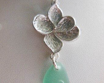 Floral sea glass necklace - sea glass pendant with silver flower - your choice of color.