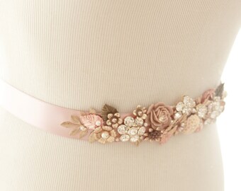 Bridal Vintage Wedding Belt, Vintage Brass Flower Sash, Harvest Sash
