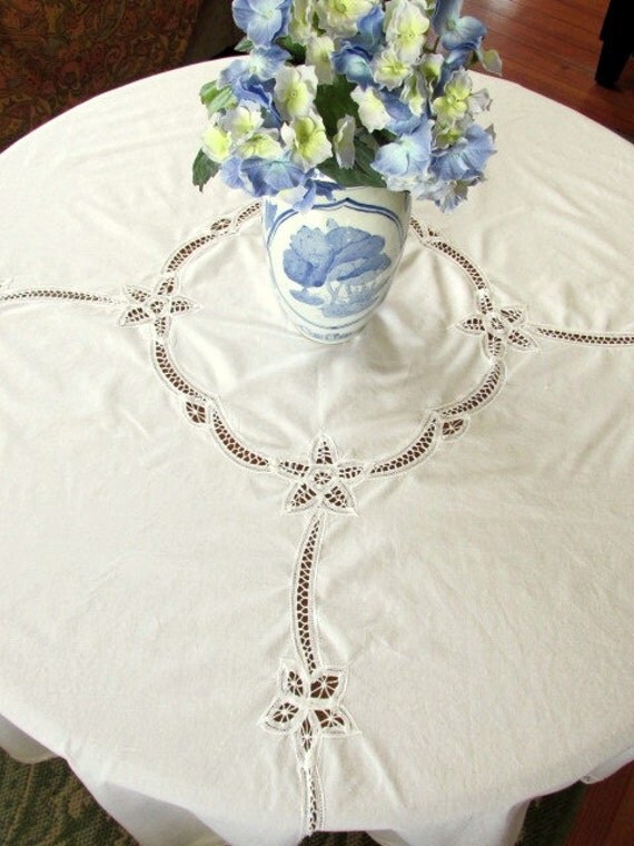Vintage White Battenburg Lace Round Tablecloth 68