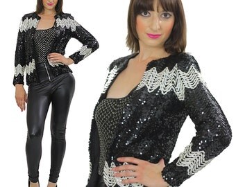Vintage Sequin jacket Sequin beaded deco jacket top evening black white Gatsby dress jacket 80s beaded party top S