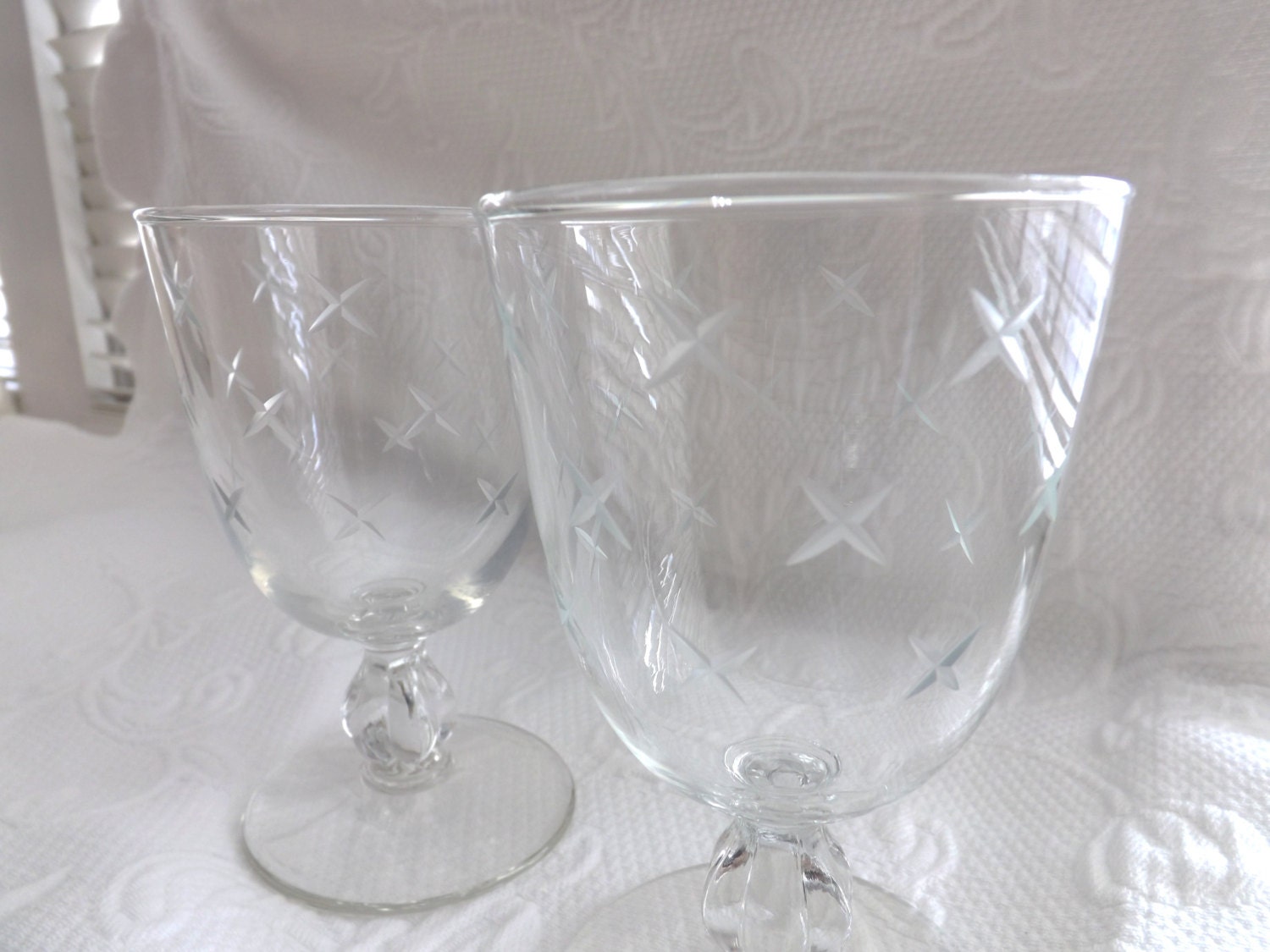 Vintage Etched Glass Water Goblets Etched by SelectVintageByKate