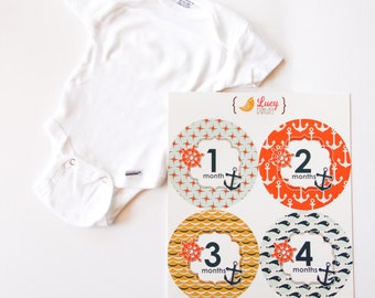 Nautical Theme Baby Sticker Gift Set - Gerber 0-3 Month ONESIE, Sailor Sticker Set of 12 - Nautical Design - Baby Boy Photo Prop