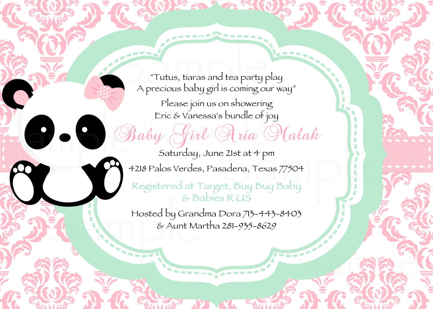 Girl Baby Panda Pink Damask and Mint Green Baby Shower