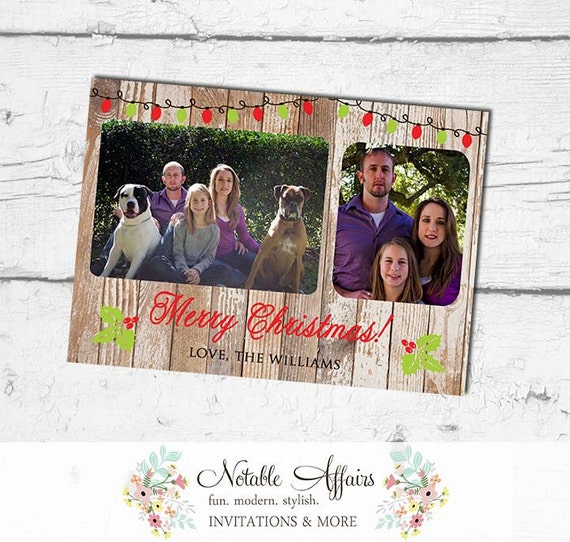 Rustic Vintage Wood Merry Christmas - Christmas Lights & Holly - 2 photo Modern Holiday Christmas Card Il_570xn