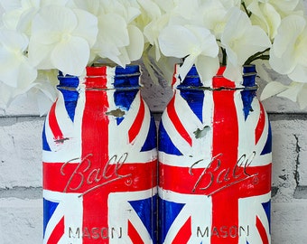 Union Jack Flag Mason Jar Set – Red, White, Blue – Two Quart-Size Mason Jar