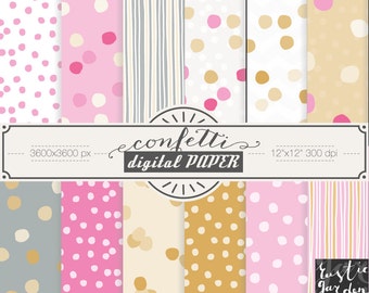 GOLD and PINK CONFETTI digital paper. Bright spot, dot patterns for small commercial use.