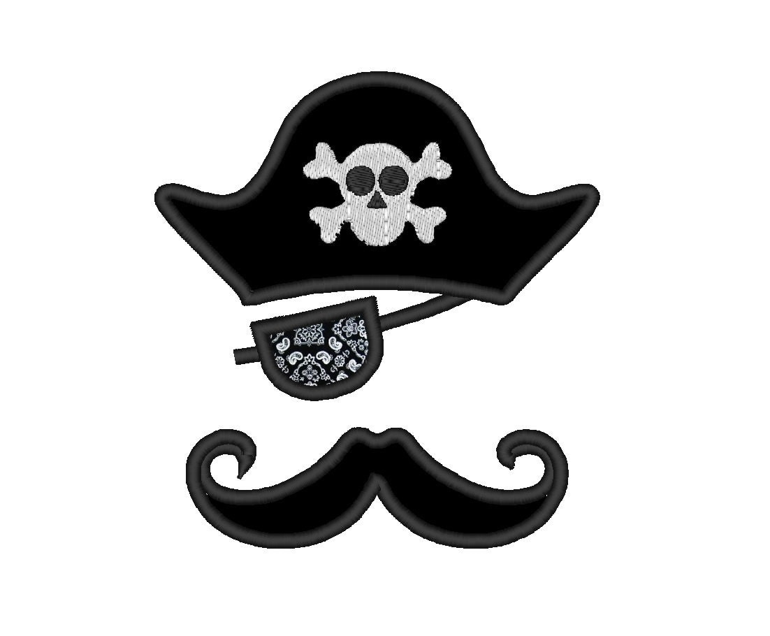 Pirate Hat Patch Mustache Applique . INSTANT DOWNLOAD. Machine