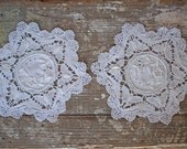 Vintage Embroidered Linen Coaster Pair with Beautiful wide butterfly and crocheted scalloped border, White pair, doily doilies