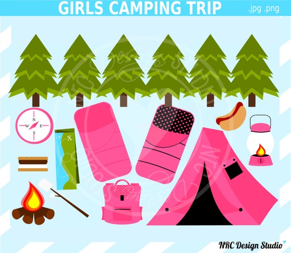 DOLLAR SALE - Camping Trip Clip Art - Girls Clip Art - Camping Clipart - Outdoor, Troop, Tent, Sleeping Bag, Campfire, Lantern, Pink Il_570xn