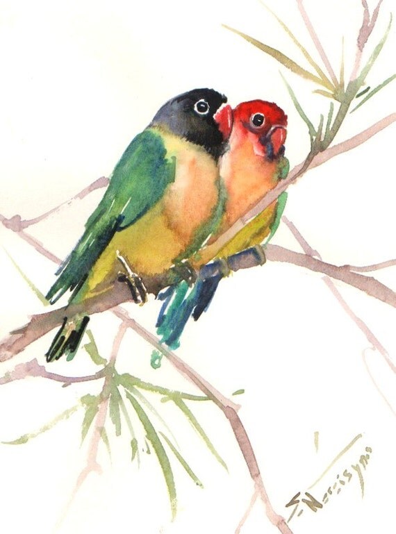 Lovebirds Original watercolor painting 12 X 9 in colorful