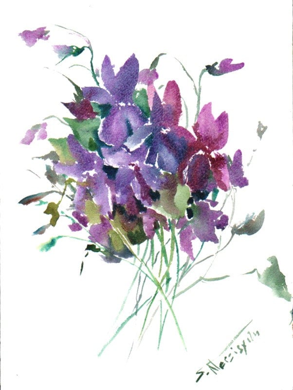 Violets Original watercolor painting 12 X 9 in violet