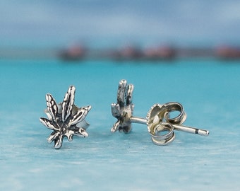 Marijuana Leaf Stud Earrings : 925 Sterling Silver Stud Earring - hand made jewelry