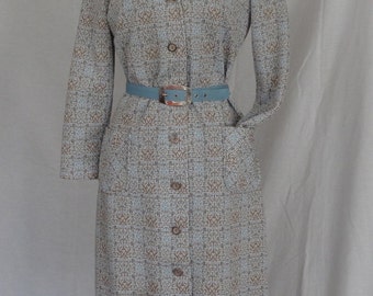 SALE!!! 1960s 70s Dress / Blue & Tan MOD Geometric Print Scooter Daydress w Belt / Lady Carol