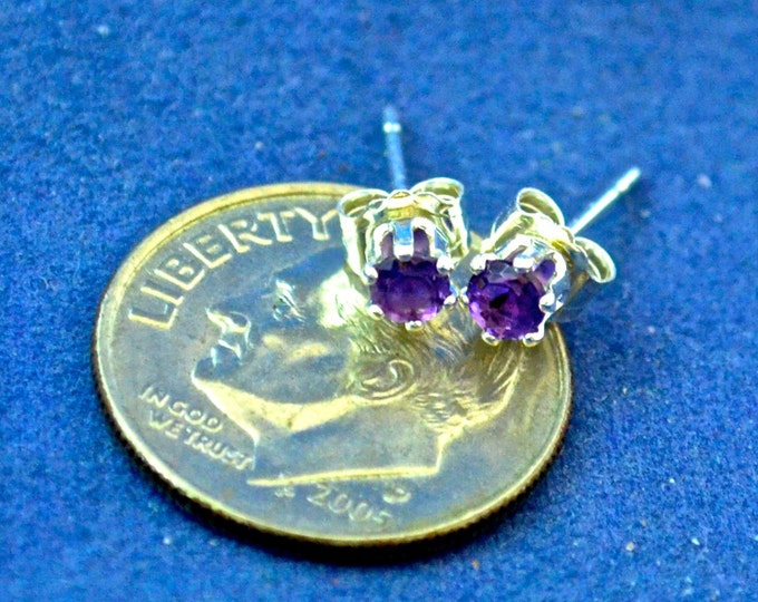 Amethyst Stud Earrings, Petite 3mm Round, Natural, Set in Sterling Silver E525