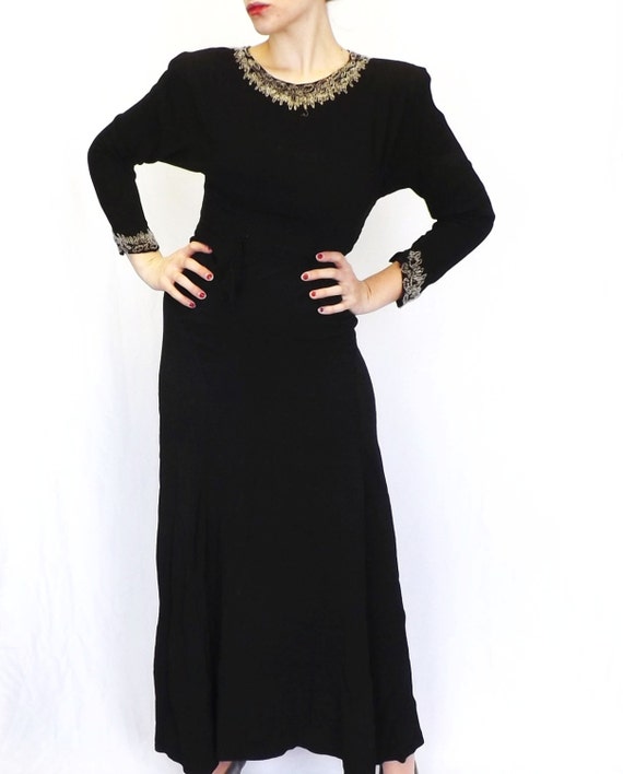 Vintage 1940's Evening Gown Black Beaded Maxi Dress Long