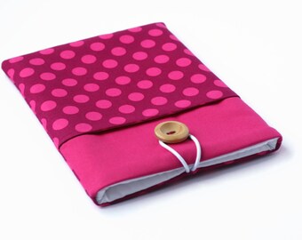 Pink Kindle Voyage Case, Kindle Paperwhite Cover. Padded Fabric Ereader Sleeve with Pocket for Kobo Aura HD - Raspberry Polkadot