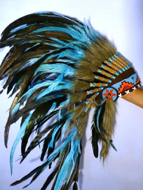 Indian Turquoise And Black Feather Headdress With Turquoise 7657