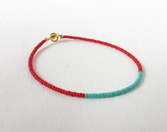 Red and turquoise bracelet, friendship bracelet, minimalist bracelet, dainty bracelet, red beaded bracelet, seed bead bracelet,red and aqua