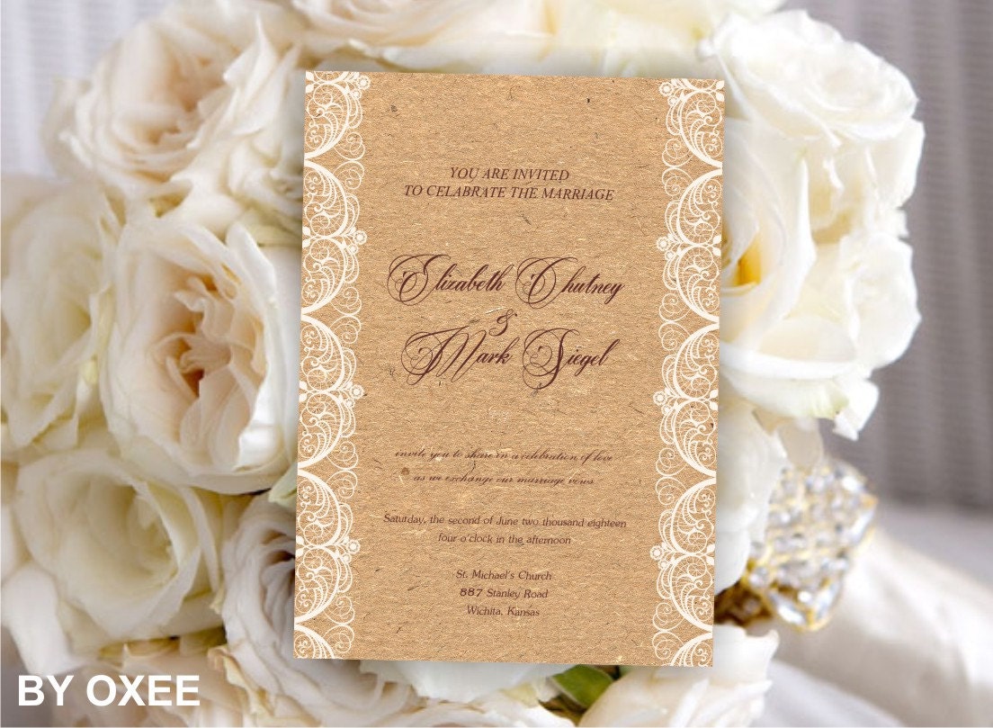 Printable Wedding invitation template Vintage rough paper and lace ...