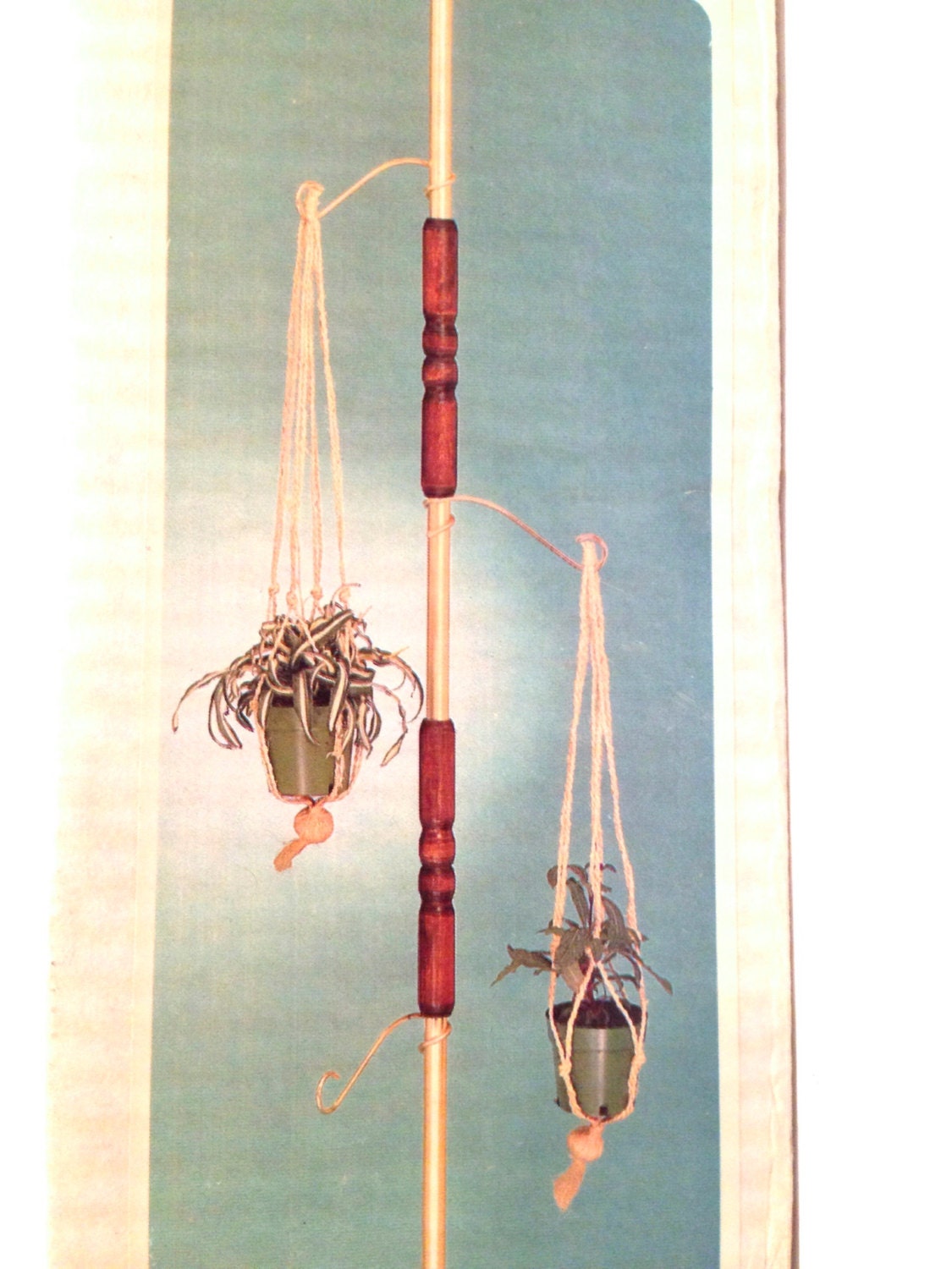 Mid Century Gold and Wood Tension Pole Plant Hanger Still In