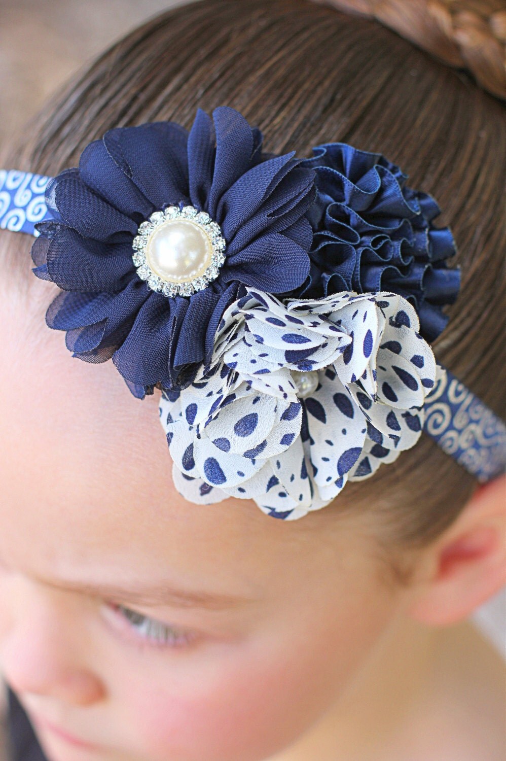 Navy Flower Headband, Navy Ivory Dressy Headband, Navy Silver Holiday