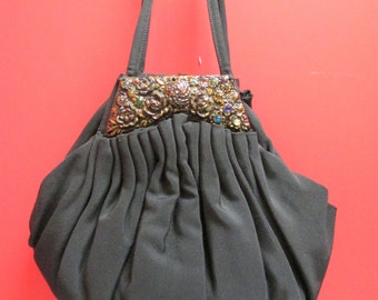 1940's Vintage Purse/ Black evening purse with jewels LadiesHandbag