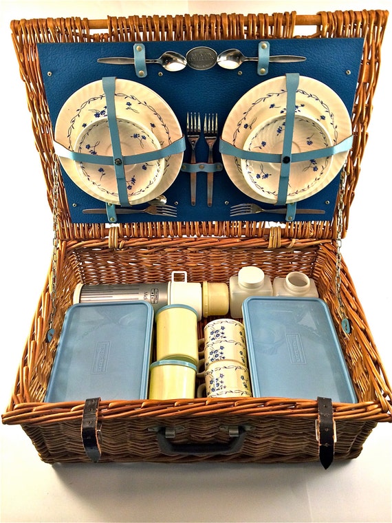 Vintage 1950s English Brexton Wicker Picnic Basket Set with
